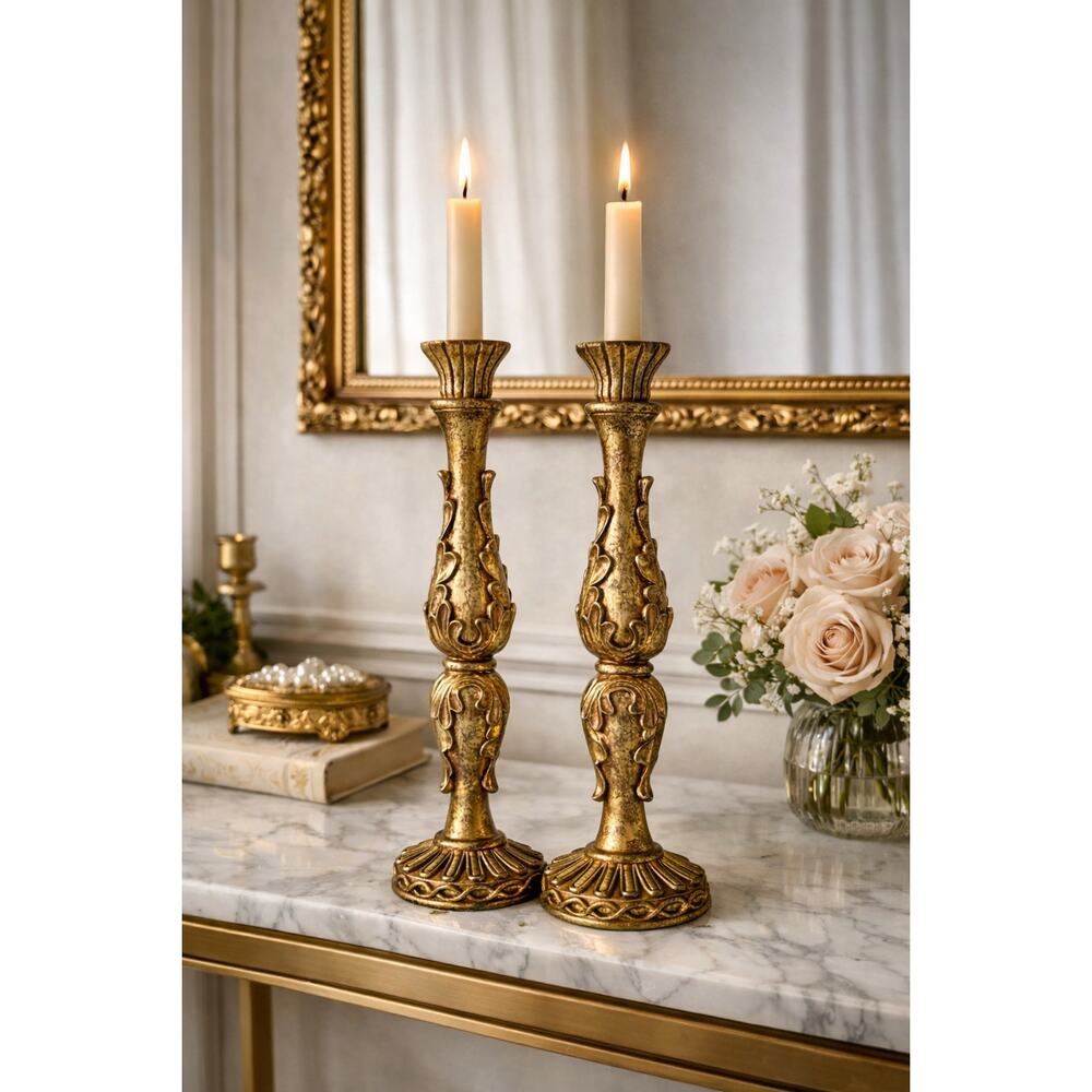 Vintage Gold Baroque Candlesticks Pair 15" Hollywood Regency Decor